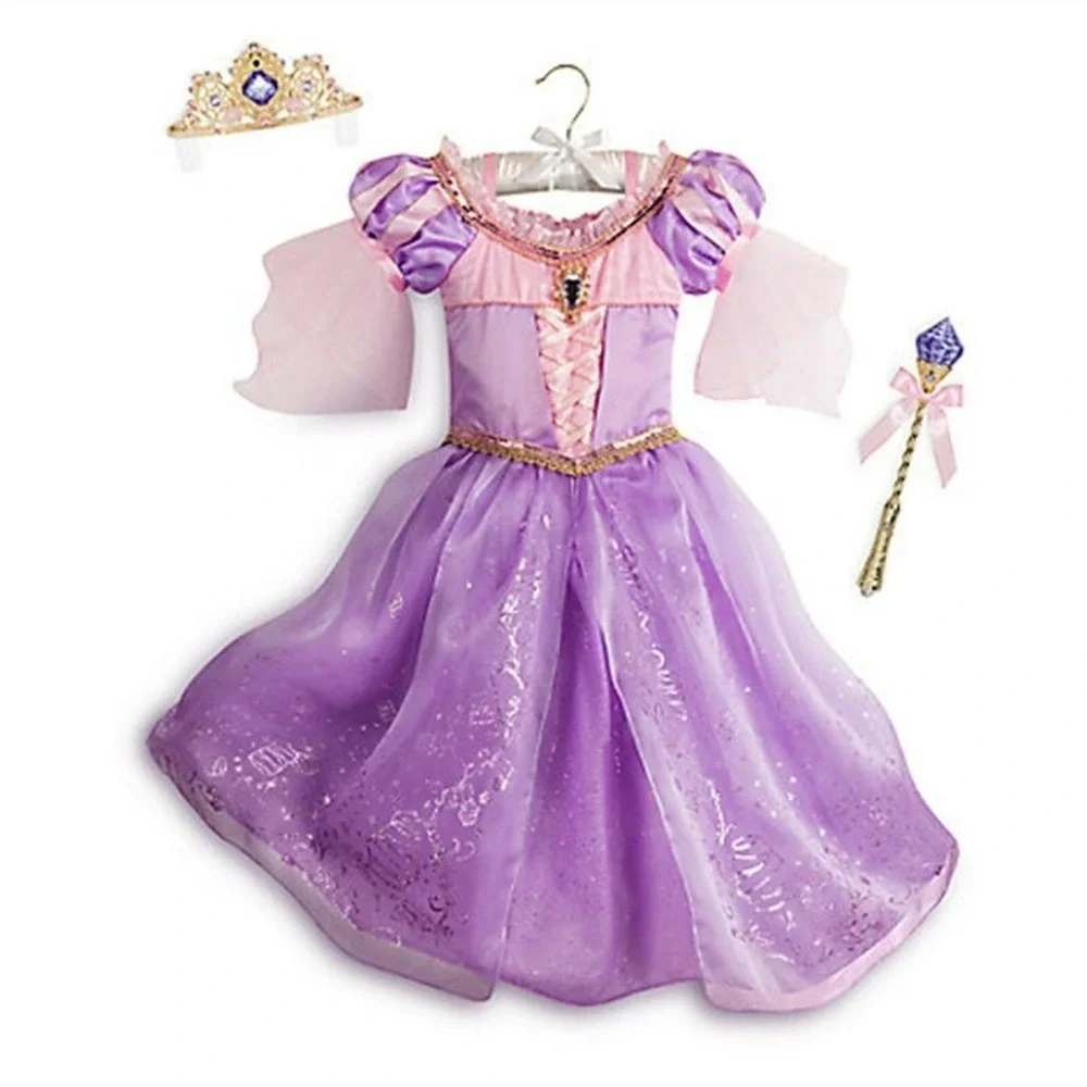 New Disney Store Girls 5/6  Rapunzel Deluxe Costume Set with Light Up Wand Tiara